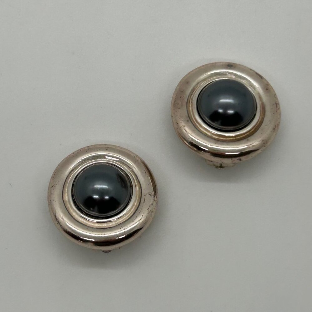 Vintage Carolee Clip-on Earrings Silver-tone Faux Black Pearl Button Modernist - Picture 6 of 14